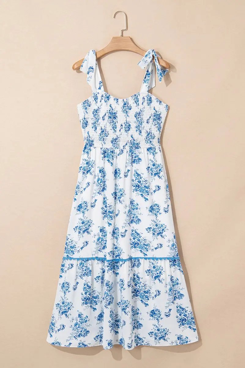 Sky Blue Floral Print Shirred Knot Shoulder Dress - Love Salve